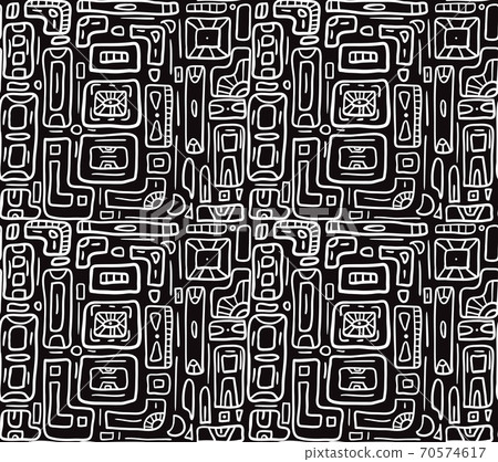 Seamless white tribal doodle pattern on black background. Boho pattern with rectangles. Vector texture 70574617