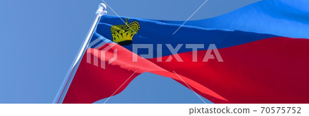3D rendering of the national flag of Liechtenstein waving in the wind 70575752