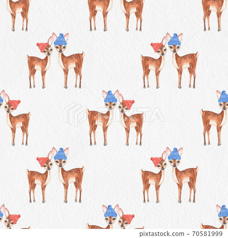 Cute winter Baby Deers. Hand drawn cute fawns seamless pattern Cute winter Baby Deers. Hand drawn cute fawns seamless pattern 70581999