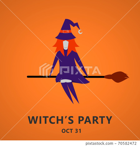 Halloween party invitation or greeting card with witch flying on broom. Flat design in vector illustration. Eps 10. Halloween party invitation or greeting card with witch flying on broom. Flat design in vector illustration. Eps 10. 70582472