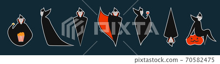 Set of dracula stickers in different pose for Halloween. Costume for masquerade. Cute flat vector illustration on isolated background. Set of dracula stickers in different pose for Halloween. Costume for masquerade. Cute flat vector illustration on isolated background. 70582475