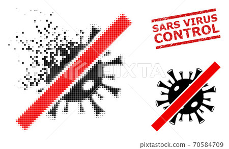 Dispersed Pixel Forbidden Coronavirus Icon and Grunge Sars Virus Control Seal 70584709