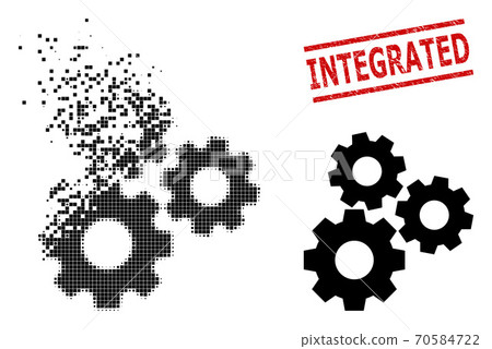 Dissipated Pixel Gear Mechanism Icon and Scratched Integrated Stamp 70584722