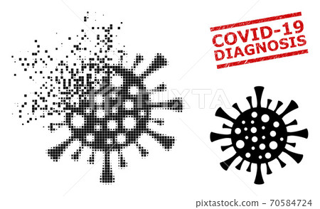 Shredded Dotted Corona Virus Icon and Textured Covid-19 Diagnosis Seal 70584724