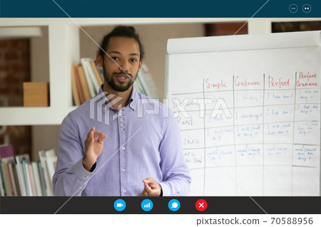 Head shot portrait screen view African American teacher explaining information 70588956