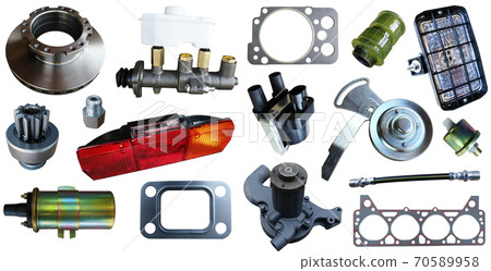 Auto spare parts car on the white background. Set with many isolated items for shop or aftermarket 70589958