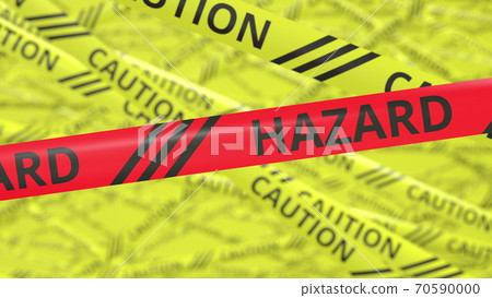 Yellow and red warning tapes with CAUTION and HAZARD text. Conceptual 3d rendering 70590000