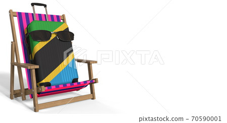 Suitcase with flag of Tanzania on a beach chair, tourism concept, 3d rendering 70590001