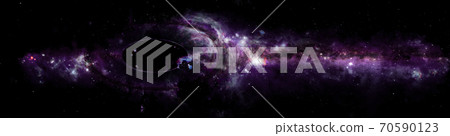 Abstract space panoramic wallpaper. Black hole with nebula over colorful stars and cloud fields in outer space. 70590123