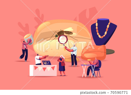 Tiny Male, Female Characters around of Huge Amber Fossil with Mosquito inside, Jeweler Making Jewelry of Beautiful Stone 70590771