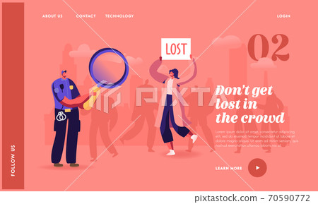 Woman Get Lost in Crowded Place Landing Page Template. Policeman Character with Magnifier, Big City Social Problem 70590772