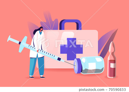 Medical Vaccination Concept. Female Doctor Character Filling Huge Syringe with Medicine for Vaccine Injection Dose Shot 70590833