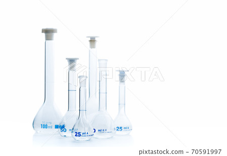 Erlenmeyer flasks on reflective isolated on  white background, 70591997