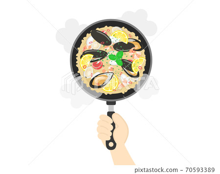Illustration of cooking paella in a frying pan Illustration of cooking paella in a frying pan 70593389