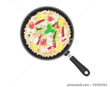 Illustration of cooking paella in a frying pan Illustration of cooking paella in a frying pan 70593391