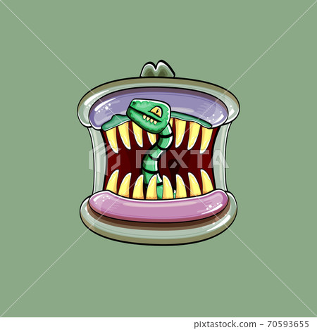 Vector cartoon funny silly zombie monster mouth with rotten teeth and green worm isolated on green background. Vector happy Halloween kids t-shirt design template with funky monster mouth Vector cartoon funny silly zombie monster mouth with rotten teeth and green worm isolated on green background. Vector happy Halloween kids t-shirt design template with funky monster mouth 70593655
