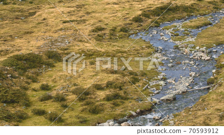 Aerial shot of a small river surrounded by greens. Camera is flying upstream 70593912