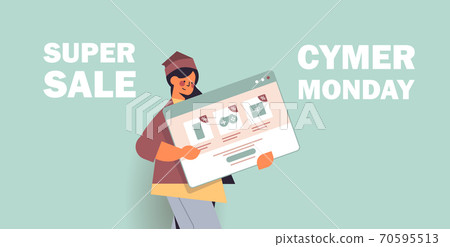 woman holding web browser window online shopping cyber monday sale holiday discounts e-commerce special offer woman holding web browser window online shopping cyber monday sale holiday discounts e-commerce special offer 70595513