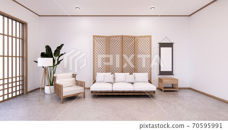 partition japanese on room tropical interior with tatami mat floor and white wall.3D rendering partition japanese on room tropical interior with tatami mat floor and white wall.3D rendering 70595991