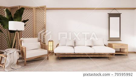 partition japanese on room tropical interior with tatami mat floor and white wall.3D rendering partition japanese on room tropical interior with tatami mat floor and white wall.3D rendering 70595992