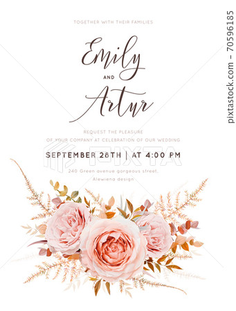 Vector watercolor style wedding invite, invitation card. Blush peach rose flowers, autumn brown camel beige, burnt orange Eucalyptus branches foliage, fern leaves bouquet. Bohemian chic elegant design 70596185