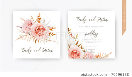 Vector wedding invite card, design. Blush peach flowers, ivory white Rose, autumn brown, beige, orange, sepia Eucalyptus branches, foliage, asparagus fern leaves decorative bouquet border template set Vector wedding invite card, design. Blush peach flowers, ivory white Rose, autumn brown, beige, orange, sepia Eucalyptus branches, foliage, asparagus fern leaves decorative bouquet border template set 70596188