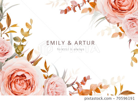 Vector wedding invite card, poster, banner design. Warm fall colors. Pink, blush peach Rose flowers, autumn brown beige, orange red sepia Eucalyptus branches, foliage, leaves decorative frame template 70596191