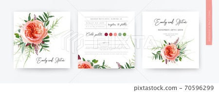 Wedding vector art floral minimalist watercolor style invite card, greeting design. Pale coral Juliette rose, greenery leaves, burgundy seeds, tender fern bouquet. Elegant, stylish trendy template set Wedding vector art floral minimalist watercolor style invite card, greeting design. Pale coral Juliette rose, greenery leaves, burgundy seeds, tender fern bouquet. Elegant, stylish trendy template set 70596299