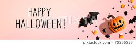 Happy Halloween message with Halloween decorations 70596555