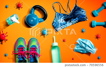 Fitness and coronavirus theme with workout set 70596556