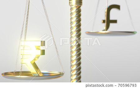 Rupee INR sign weighs less than Pound sterling symbol on golden balance scales, conceptual 3d rendering Rupee INR sign weighs less than Pound sterling symbol on golden balance scales, conceptual 3d rendering 70596793