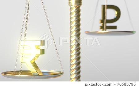 Rupee INR sign weighs less than Ruble symbol on golden balance scales, conceptual 3d rendering Rupee INR sign weighs less than Ruble symbol on golden balance scales, conceptual 3d rendering 70596796