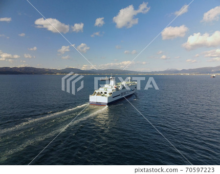 Aerial view of Tsugaru Kaikyo Ferry sailing Hakodate Bay aiming at Hakodate Port, Hakodate City, Hokkaido in autumn 70597223