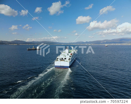 Aerial view of Tsugaru Kaikyo Ferry sailing Hakodate Bay aiming at Hakodate Port, Hakodate City, Hokkaido in autumn 70597224