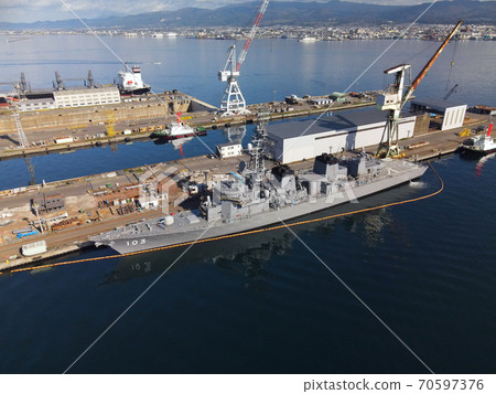 Aerial view of a ship repairing the Hakodate dock at Hakodate Port, Hakodate City, Hokkaido in autumn 70597376