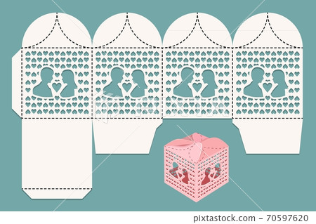 Box for wedding gifts for guests and newlywed. Cutting pattern and view of the assembled box. Box for wedding gifts for guests and newlywed. Cutting pattern and view of the assembled box. 70597620