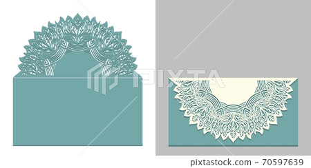 Laser cut paper lace envelope with mandala element. Cutting template for wedding invitation or card designs. Laser cut paper lace envelope with mandala element. Cutting template for wedding invitation or card designs. 70597639