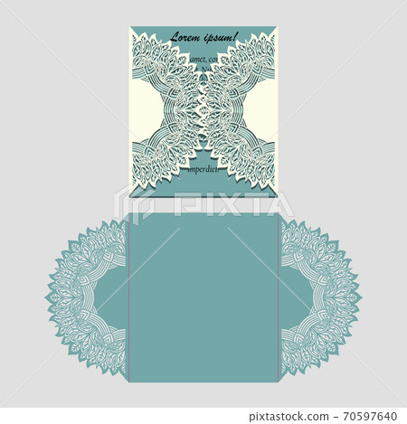 Laser cut paper lace folding card with mandala element. Cutting template for wedding invitation or card designs. 70597640