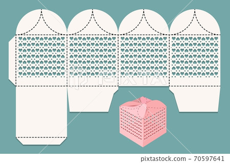 Cutout box. Scan layout for laser cutting and visualization. Gift box for a gift to guests at a wedding. Cutout box. Scan layout for laser cutting and visualization. Gift box for a gift to guests at a wedding. 70597641