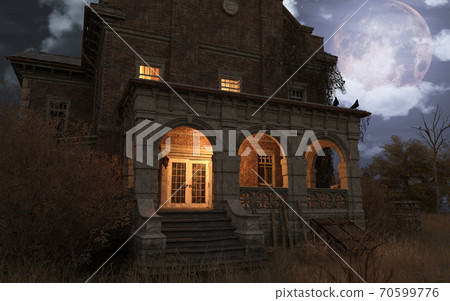 Abandoned haunted house refuge of spirits moonlit night 3d illustration Abandoned haunted house refuge of spirits moonlit night 3d illustration 70599776