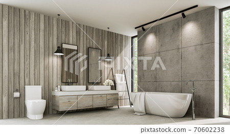 Loft style bathroom with wood plank and concrete wall 3d render Loft style bathroom with wood plank and concrete wall 3d render 70602238