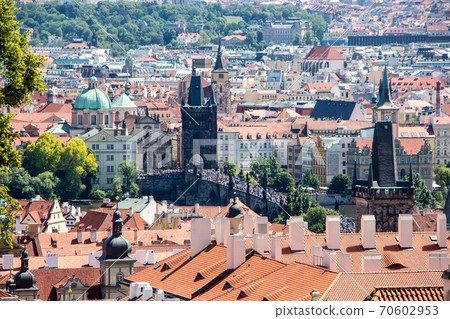 Prague old town sky view church old houses panoramic view 70602953