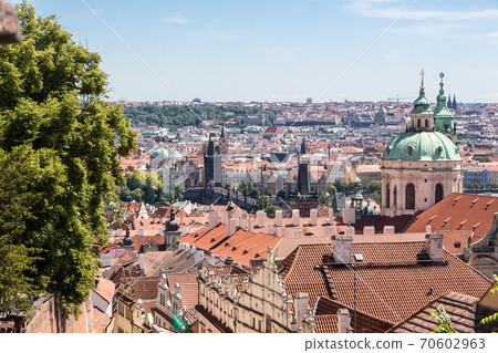 Prague old town sky view church old houses panoramic view 70602963