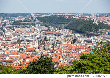 Prague old town sky view church old houses panoramic view 70602976