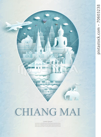 Travel Chiang Mai monument pin in Thailand with ancient architecture. Travel Chiang Mai monument pin in Thailand with ancient architecture. 70603238