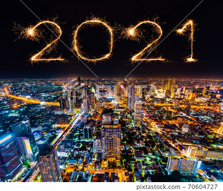2021 happy new year fireworks over Bangkok cityscape at night, Thailand 70604727