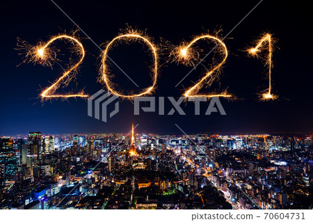 2021 Happy New Year fireworks over Tokyo cityscape at night, Japan 70604731
