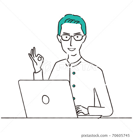 Hand-painted 1color handsome boy with glasses in an OK pose in front of the PC 70605745