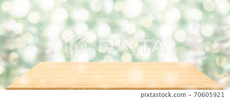 Perspective wood table with blur Christmas tree decorate string light .Panoramic banner mockup for product display greeting card 70605921