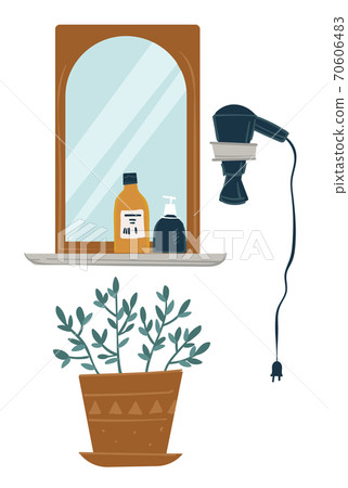 Bathroom interior, mirror and hair dryer with plant 70606483